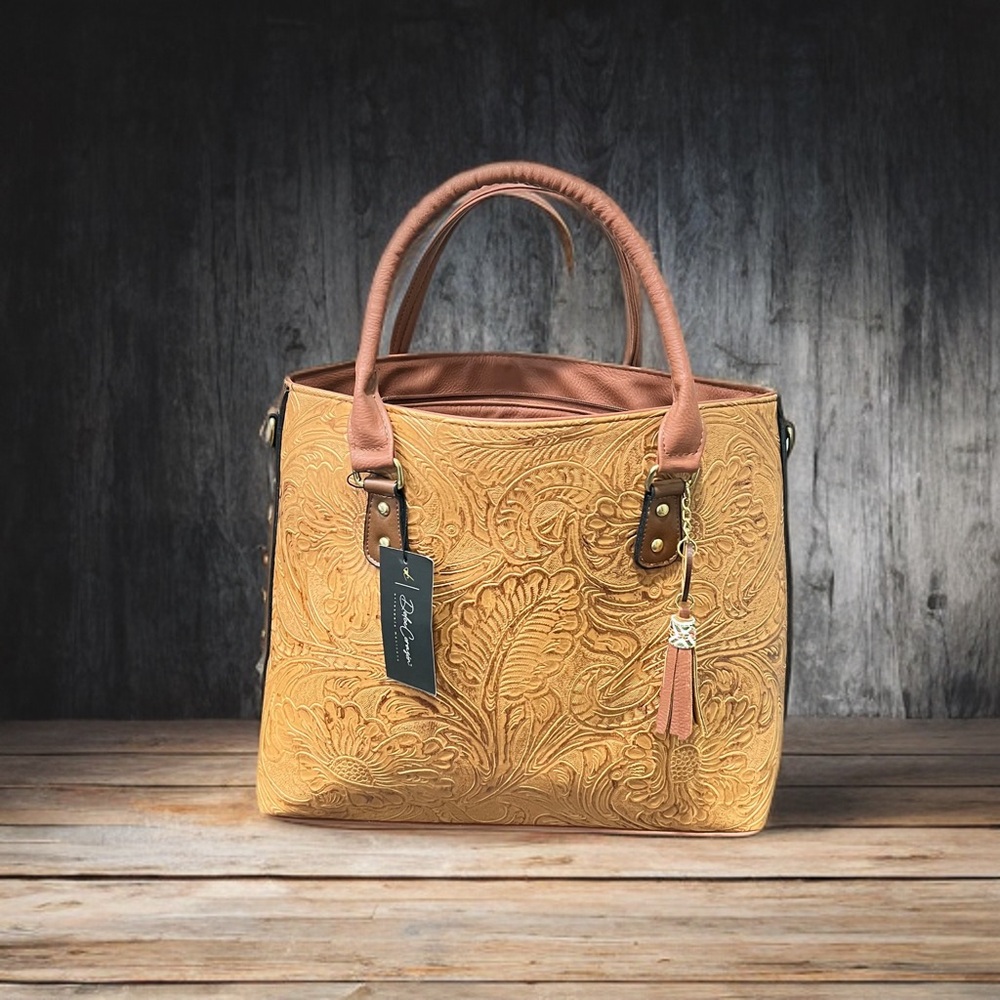 Tan Embossed Leather Tote with Floral Pattern